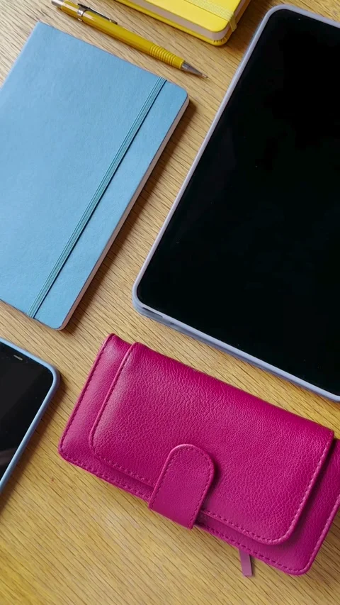 Flat lay of notebooks tablet and phone on desk Stock-Footage 331772663