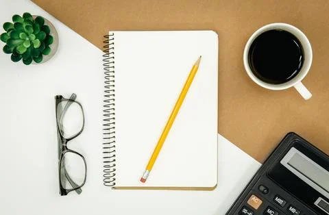 Flat lay, notepad, calculator and coffee cup, office concept. 写真素材