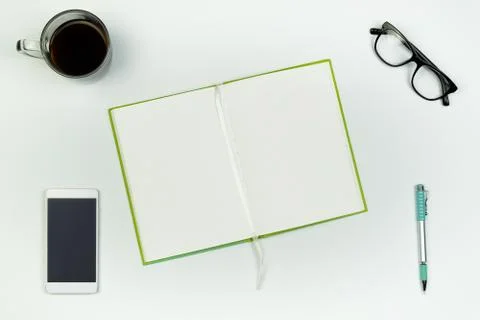 Flat lay of notepad with empty pages Stock Photos
