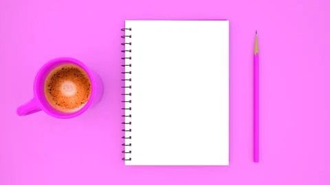 Flat lay of notepad, pencil and a cup of coffee on purple background with c.. Stock Illustration