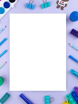 Flat lay office desk with a blank page of a notebook with a pen, pencils, wat Stock Illustration