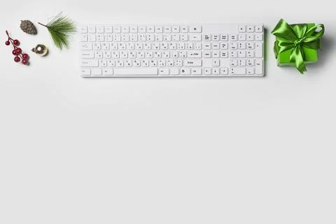 Flat lay Office desk table with computer keyboard and Christmas decoration and Stock Photos