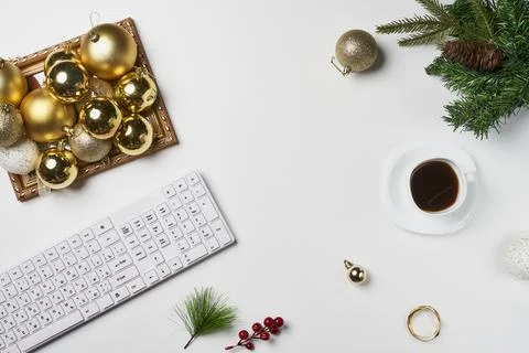 Flat lay Office desk table with computer keyboard and Christmas decoration and Stock Photos