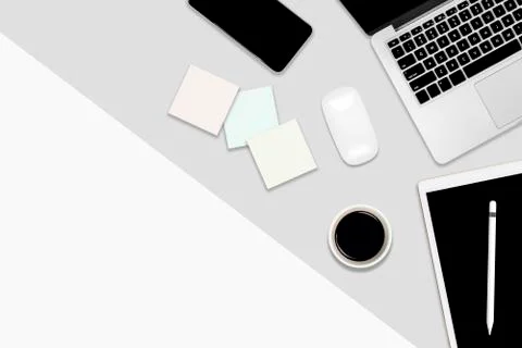 Flat lay office table with laptop computer, digital tablet, mobile phone and  Stock Photos