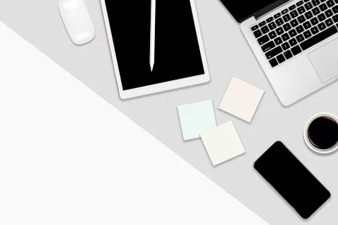 Flat lay office table with laptop computer, digital tablet, mobile phone and  Stock Photos