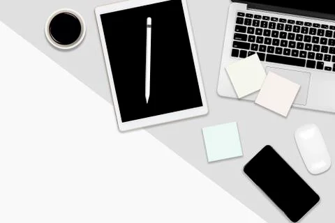 Flat lay office table with laptop computer, digital tablet, mobile phone and  Stock Photos