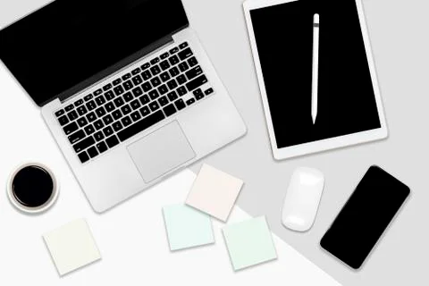 Flat lay office table with laptop computer, digital tablet, mobile phone and  Stock Photos