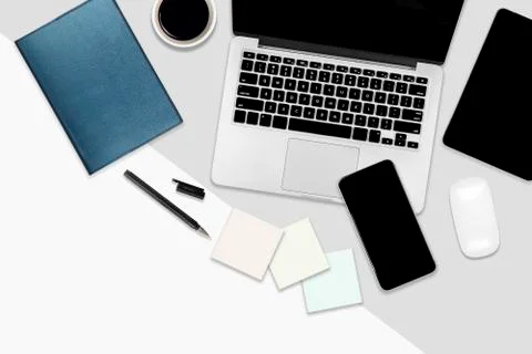 Flat lay office table with laptop computer, digital tablet, mobile phone and  Stock Photos