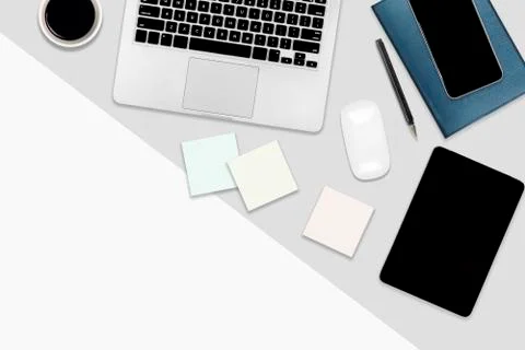 Flat lay office table with laptop computer, digital tablet, mobile phone and  Stock Photos