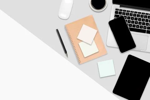 Flat lay office table with laptop computer, digital tablet, mobile phone and  Stock Photos