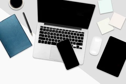 Flat lay office table with laptop computer, digital tablet, mobile phone and  Stock Photos