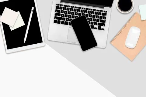 Flat lay office table with laptop computer, digital tablet, mobile phone and  Stock Photos