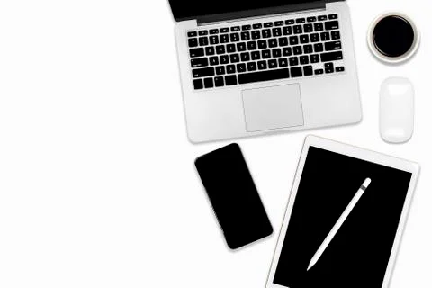 Flat lay office table with laptop computer, digital tablet, mobile phone and  Stock Photos