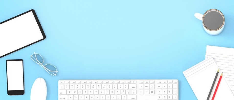 Flat lay office of top view desk work table workspace with office, copy space Stock Illustration