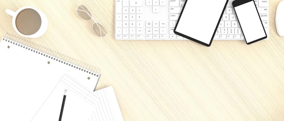 Flat lay office of top view desk work table workspace with supplies, smartph 스톡 일러스트