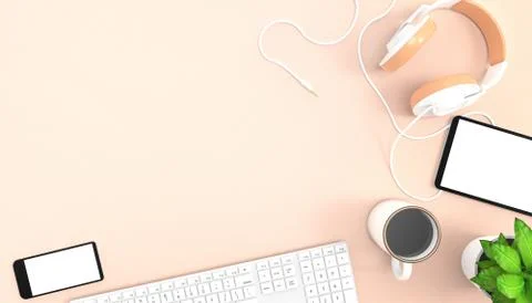 Flat lay office of top view desk work table workspace with supplies,Headphon Stock Illustration