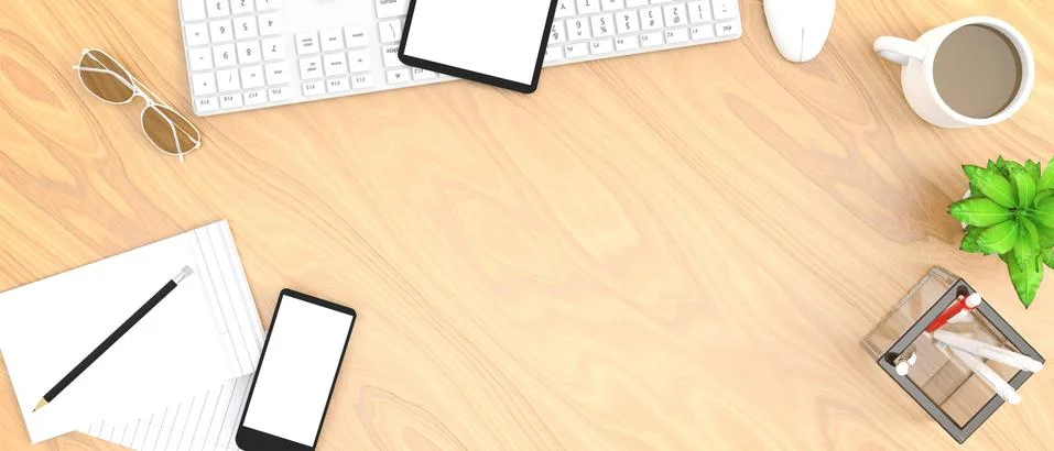 Flat lay office of top view desk work table workspace with office supplies Stock Illustration