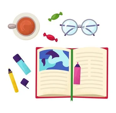 Flat lay open book, cup tea, glasses, candies, eraser, highlighter, pencil desk Stock Illustration