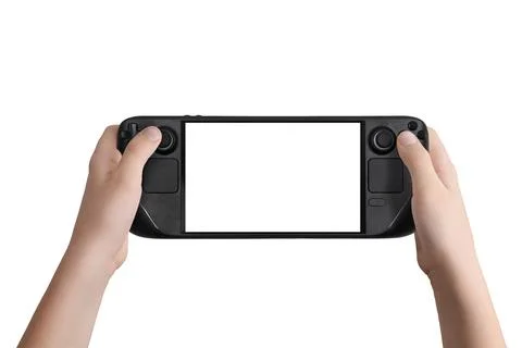Flat lay or front view of hands holding a black handheld gaming console Stock Photos