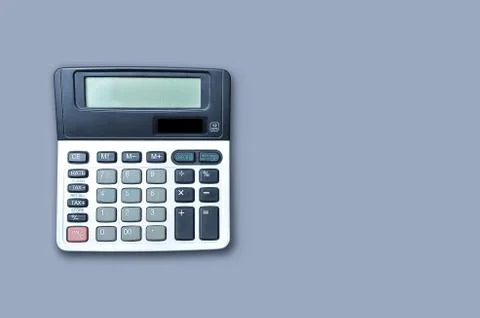 Flat lay or top view of calculator on viollet background paper with blank cop Stock Photos