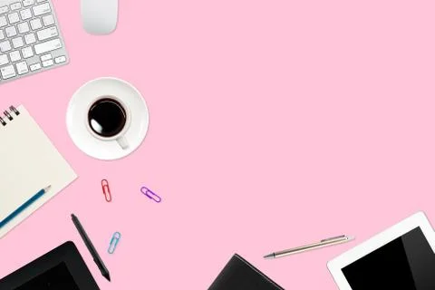 Flat lay or top view workspace office pink desk with laptop computer Stock Photos