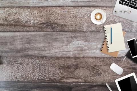Flat lay or top view workspace business wood desk with laptop computer Stock Photos