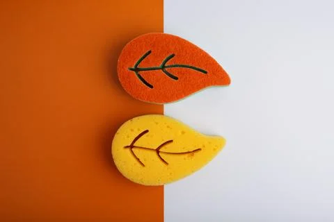 Flat lay with orange and yellow leaf shaped sponges for home and dishes cleaning Stock Photos