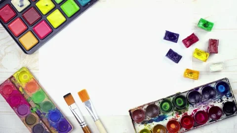 Flat lay painting background with white paper sheet, palette of watercolor Stock Footage 135646029