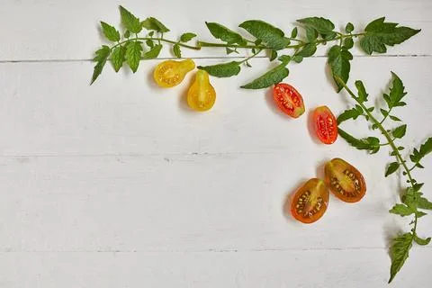 Flat lay Pattern composition with fresh ripe tomatoes Stock Photos