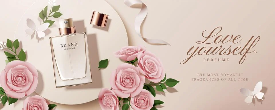 Flat lay perfume ads Stock Illustration