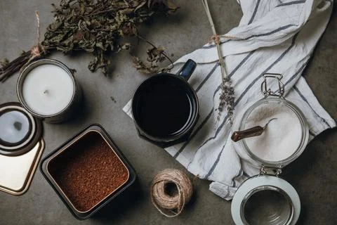 Flat lay photo of items for making coffee. Stock Photos