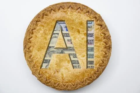 Flat lay photo of a pie made of money isolated on white background. The crust is Foto stock