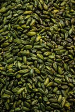 Flat lay photo of pistachio nuts without shells as food background. Fresh gre Stock Photos