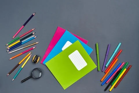 Flat lay photo of workspace desk with school accessories or office supplies. 写真素材