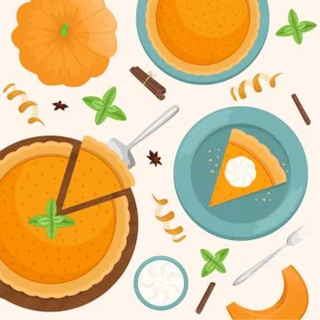 Flat lay with A piece of Christmas pumpkin pie on a wooden Board. Flat lay Stock Illustration