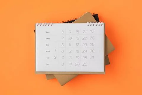 Flat lay pile planner calendars Stock Photos