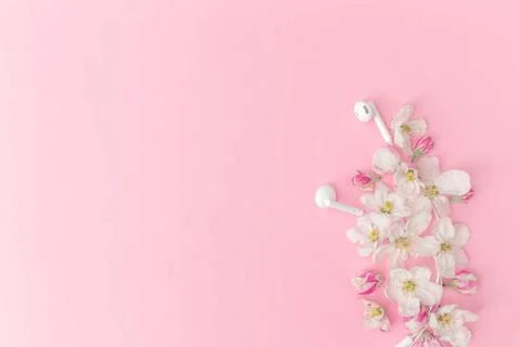  Flat lay on pink background with apple blossom ornament and earphones Mus... 写真素材