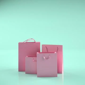 Flat lay pink empty paper shopping bags isolated on bright background. Ilustração Stock