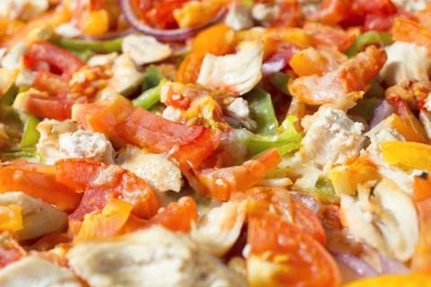 Flat lay pizza composition, tomatoes on wooden surface, close up macro Stock Photos