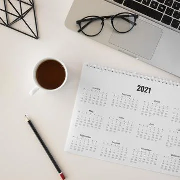 Flat lay planner calendar cup coffee Stock Photos