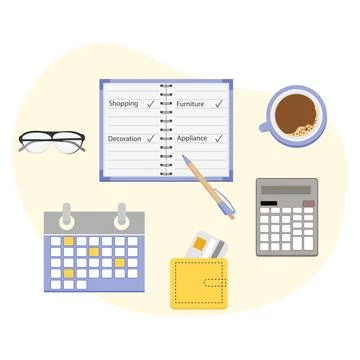 Flat lay with planner, coffee, glasses, calendar, wallet, pen, and calculat.. 스톡 일러스트