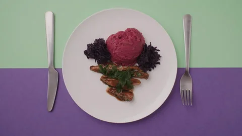 Flat Lay Plate with Meat and Beet Puree Stock Footage 255677106