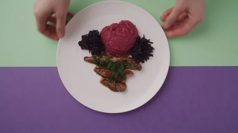 Flat Lay Plate with Meat and Beet Puree Stock Footage 255677314