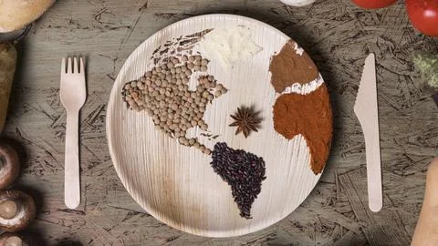 Flat lay plate with world map beans Stock Photos
