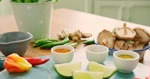 Flat Lay Of Potted Basil Plant And Various Spices On Counter 4K Stock Footage 92437451