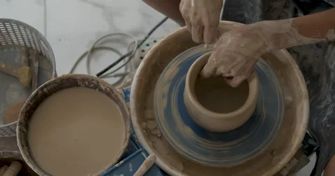 Flat Lay of Potter Master at Work in Clay Studio, Handmade Process of Creating Stock Footage 195226665