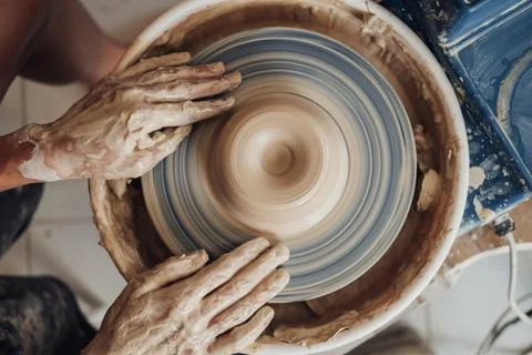 Flat Lay of Potter Master at Work in Clay Studio, Handmade Process of Creating Stock Photos