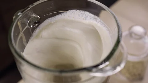 Flat lay. Prepare smoothie mixing ingredients in kitchen blender Stock Footage 316236610