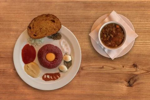 Flat lay of raw beef . Tasty Steak tartare. Stock-Fotos