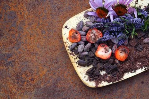 Flat lay  of Raw cocoa beans,  cocoa powder, chocolate on sacking  with mint  Stock Photos